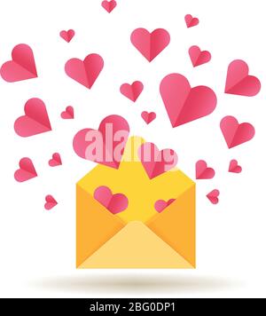 Happy Valentines Day vector card with open envelope and red hearts. Envelope with red heart, valentine romantic mail illustration Stock Vector
