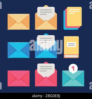 Envelope, email and letter vector icons. Postal correspondence and mms symbols. Letter and correspondence, envelope and postal spam message illustrati Stock Vector