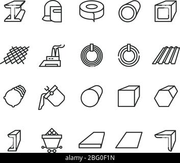 Steel material products line vector icons. Steel pipe and beam metallurgy outline pictograms. Metal pipe for industry, steel tube illustration Stock Vector