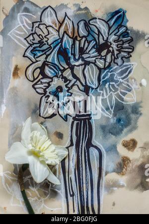 Daffodils graphic drawing on gray watercolor background. Yellow flower on graphic background. Stock Photo