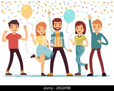 Laughing and dancing young people at party. Happy men and women celebrate important event. Vector illustration. People on party, woman and man group h Stock Vector