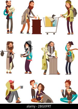Poor unhappy homeless cartoon people needing financial help. Vector characters set. Illustration of beggar cartoon, character poverty and dirty in dep Stock Vector