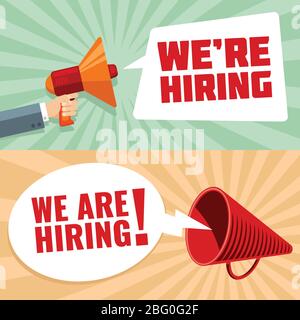 Businessman hand holding megaphone with were hiring text in bubble. Recruitment vector concept. Illustration of hiring work, hire announcement message Stock Vector
