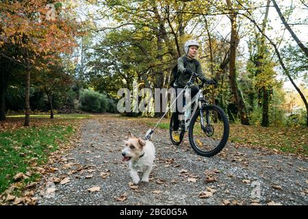 19/4/2020 Asian woman with a bike riding with a dog in autumn at the Botanic garden, Oamaru, New Zealand. Concept about exercise while social isolatio Stock Photo