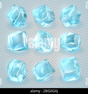 Realistic 3d ice cubes isolated on transparent background. Vector set of ice cube 3d clear illustration Stock Vector