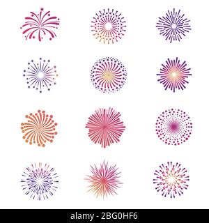 Bright festive fireworks, star explosion vector collection. Star firework bright and explosion illuminated illustration Stock Vector