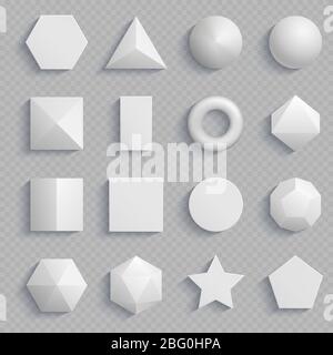 Top view realistic math basic shapes isolated on transparent background. Vector basic geometry shape, square and rectangle, hexagon and triangle illus Stock Vector