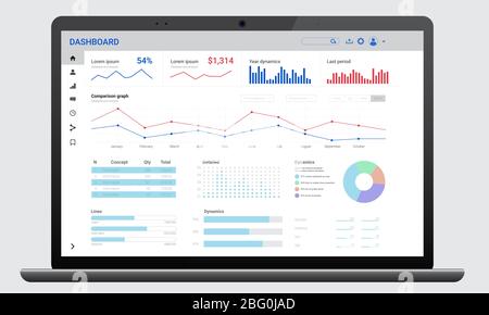 Realistic dark laptop mock up with analytics dashboards. Charts and graph. Business, financial and digital marketing account administrative panel. Stock Vector