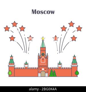 Bright linear Moscow Kremlin with red stars fireworks. Vector illustration Stock Vector