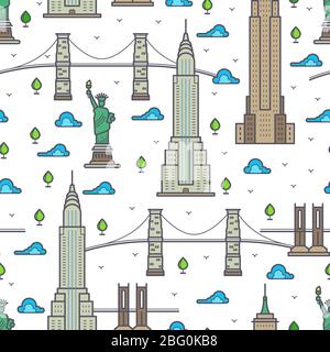 New York bridges, skyscrapers and sights seamless pattern. Vector illustration Stock Vector