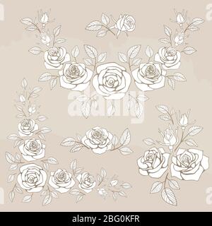 Romantic vintage bouquet with roses and leaves set. Vector illustration Stock Vector