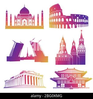 Colorful famous landmarks silhouettes icons isolated on white background. Vector illustration Stock Vector