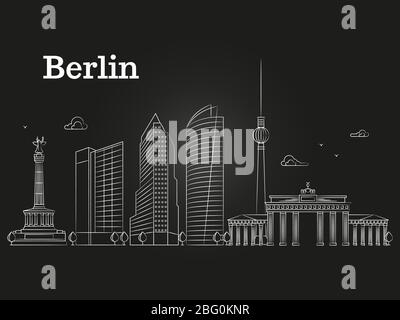 Germany Berlin line vector landscape, city panoramic houses on black background. Vector illustration Stock Vector