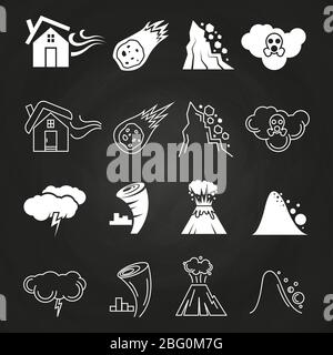 Natural disaster icons on chalkboard monochrome style. Vector illustration Stock Vector