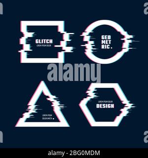 Trendy geometric shapes with glitch distortion effect. Border frames with video glitch lines vector set. Frame effect glitch, digital geometric distor Stock Vector
