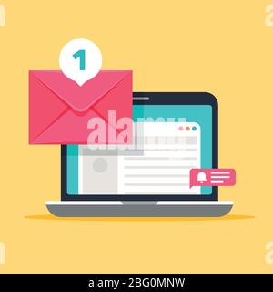 Message on computer screen. Mailing vector concept with envelope and laptop. Cartoon envelope mail message on laptop screen illustration Stock Vector