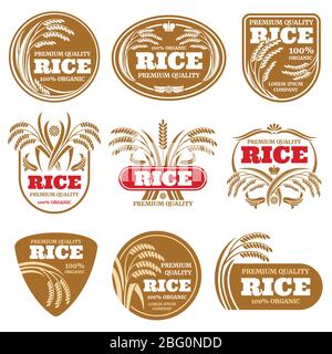 Paddy grain organic rice labels. Healthy food vector logos isolated. Illustration of rice label food collection Stock Vector