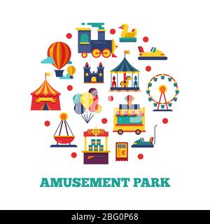 Amusement park icons round concept. Amusement park, and carnival carousel, vector illustration Stock Vector