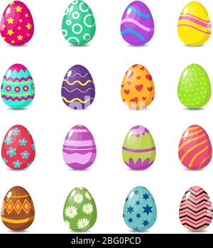 Cartoon colorful easter eggs with floral patterns isolated vector set. Easter egg for holiday spring with pattern flower and heart illustration Stock Vector