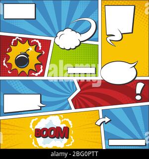 Comic book vector frame set with speech bubbles. Comics page template. Book halftone with speech comic bubble illustration Stock Vector