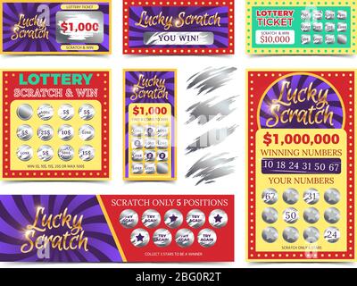 Winning lotto tickets and scratch cards vector set. Win game in lottery illustration Stock Vector