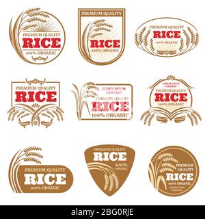 Paddy rice vector labels. Organic natural product emblems. Rice label and emblem, organic farm product illustration Stock Vector