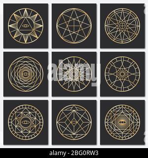 Ancient masonic pentagrams. Steampunk gold sacred vector symbols on dark backgrounds. Mystery circle esoteric symbol, freemasonry geometry spiritualit Stock Vector