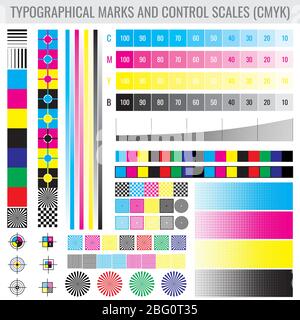 CMYK press print marks and colour tone gradient bars for printer test vector set. Mode of colored tone test illustration Stock Vector