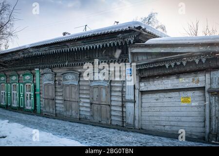 Irkutk, Siberia, Russia, 26/02/2020 : vintage and traditional wooden house in Irkourtsk Stock Photo