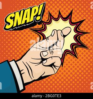 Male hand with snapping finger magic gesture. Its easy vector concept in pop art style. Finger snap gesture, snapping click gesturing expression, vector illustration Stock Vector