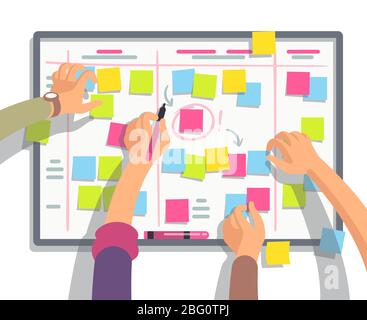 Developers team planning weekly schedule tasks on task board. Teamwork and collaboration vector flat concept. Task scheme whiteboard, taskboard schedu Stock Vector