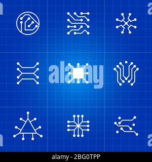 White electronic computer chip circuit and motherboard equipment vector icons. Vector illustration Stock Vector