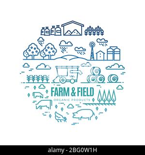 Bright rural landscape and agriculture farming thin line icons - organic products label concept. Landscape and agriculture label illustration Stock Vector
