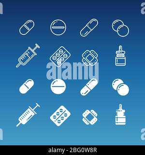 Medication linear and silhouette icons - pills drugs bottles. Vector illustration Stock Vector