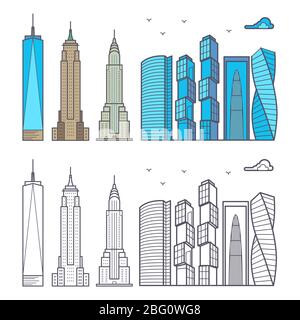 Linear and colorful city skyscrapers isolated on white background. Cityscape urban skyscraper, set of outline building. Vector illustration Stock Vector