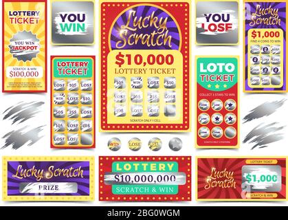 Winning scratching lottery vector tickets. Win ticket lottery, game prize card illustration Stock Vector
