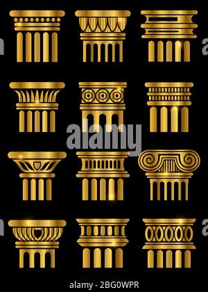 Shiny golden ancient rome architecture column collection on black. Vector illustration Stock Vector