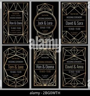 Classy wedding invitation cards with diamond golden geometric frames vector set. Wedding card invitation in vintage luxury style illustration Stock Vector