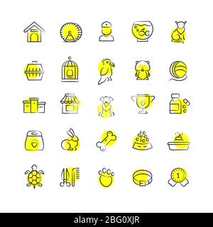 Pet shop, animals and pets accessorises linear icons with yellow rounds isolated on whie background. Vector illustration Stock Vector