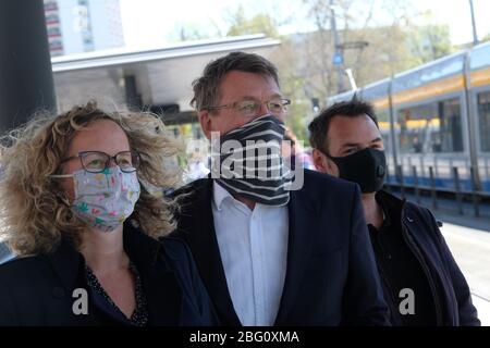 Leipzig, Germany. 20th Apr, 2020. Employees of the city of Leipzig present different types of face masks at a press event. As of today, mouthguards are mandatory in public transport and shops in Saxony. Credit: Sebastian Willnow/dpa-Zentralbild/dpa/Alamy Live News Stock Photo