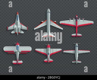Airplanes and military aircraft top view. 3d airliner and fighter vector icons. Airplane top view, air transport model illustration Stock Vector