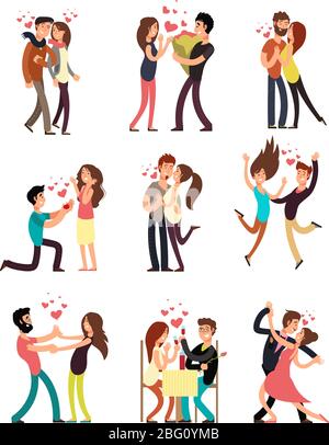 Happy young couples in love, vector valentine cartoon characters isolated on white background Stock Vector