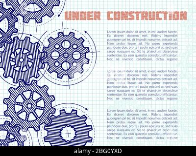 Under construction vector background with hand drawn gears on notebook page. Illustration of under construction banner for web Stock Vector