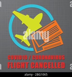 Vector coronavirus crisis icon of cancelled flight with airplane and air tickets Stock Vector