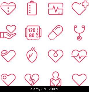 Cardiology medicine vector line icons. Cardiologist and heart diseases vector symbols. Health heart line icons. Illustration of cardiology medicine Stock Vector