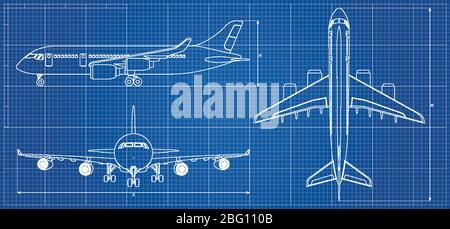 Airplane blueprint. Outline aircraft on blue background. Vector illustration. Aviation drawing blueprint, plane sketch graphic Stock Vector