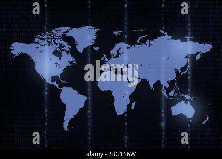 Global world map with binary matrix background. Falling sign on dark ...