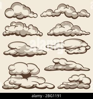 Hand drawn clouds in vintage style vector set. Cloud sketch fluffy, vintage drawing scribble illustration Stock Vector