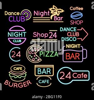 Bar, dance club cafe neon signs isolated on black background. Neon sign for cafe or bar, bright illuminated glowing banner, vector illustration Stock Vector