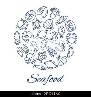 Seafood line icons round concept with fishes oyster crabs isolated on white background. Seafood shrimp and oyster, fish and lobster. Vector illustrati Stock Vector
